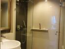 Modern bathroom with glass shower enclosure and vanity sink