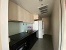 modern kitchen with black countertops and light wood cabinetry