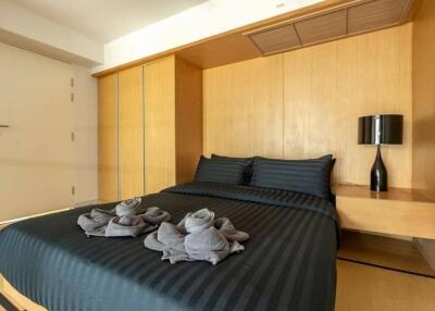 Modern bedroom with wooden decor