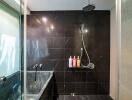 Modern bathroom with black tiled walls and fixtures