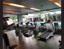 Modern gym with exercise equipment near indoor pool