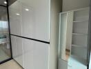 Modern bedroom closet with mirror and storage shelves