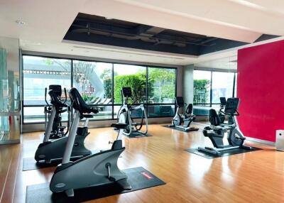 Modern gym with exercise equipment and large windows