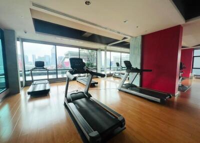 Modern gym with city view and multiple treadmills