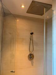 Modern shower with glass door, ceiling shower head, and hand shower