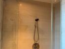 Modern shower with glass door, ceiling shower head, and hand shower