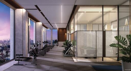 Luxurious fitness center with city view