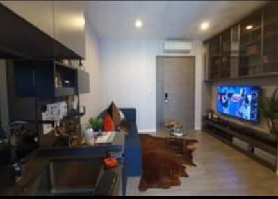 Modern living room with TV and open kitchen