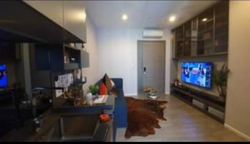 Modern living room with TV and open kitchen