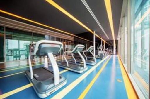 Modern gym with treadmills and large windows