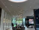 Luxurious lobby with modern decor and large chandelier