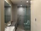 Modern bathroom with glass shower and large mirror