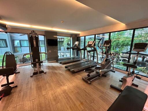 Gym with modern exercise equipment and large windows