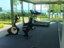 Home gym with fitness equipment and ocean view