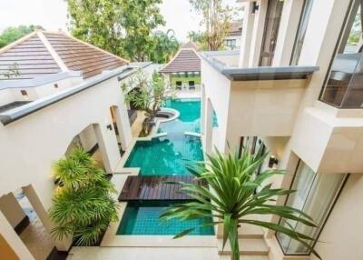 Outdoor area with pool and modern style architecture