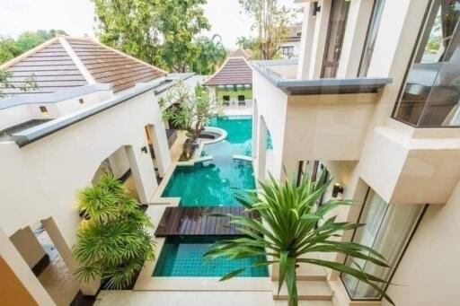 Outdoor area with pool and modern style architecture