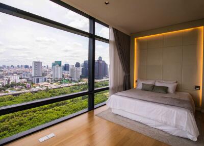 Modern bedroom with large window and city view