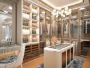 Elegant walk-in closet with a vanity table and glass-fronted storage