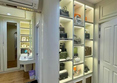 Spacious closet with illuminated shelves and storage space