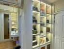 Spacious closet with illuminated shelves and storage space