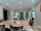 Modern dining room with marble-top table and decor