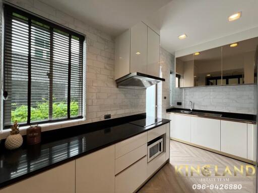 Modern kitchen with black countertops and white cabinets