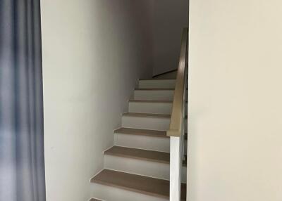 Interior staircase with wooden steps and a railing