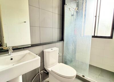 Modern bathroom with shower, toilet, and sink