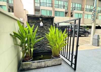 Outdoor area with gate and water feature