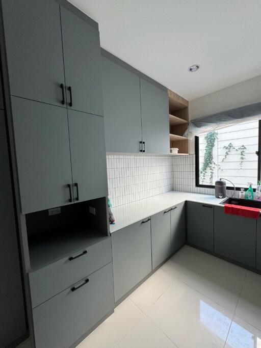 Modern kitchen with grey cabinets