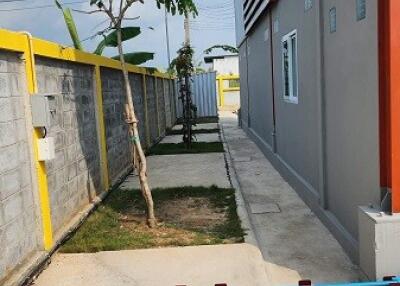 Narrow side path next to a building with pipes, trees, and a concrete wall