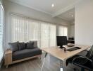 Modern office space with desk and seating area