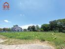 Vacant lot with blue sky and neighboring houses