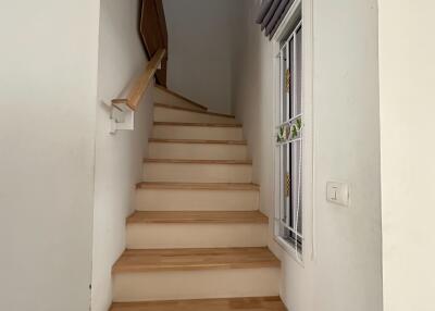 Wooden staircase with white walls and a window with blinds