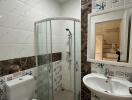 Modern bathroom with shower and decorative tiles