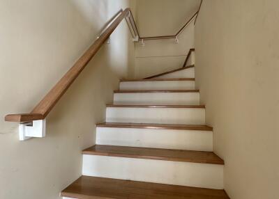 Well-lit interior staircase with wooden steps and handrails