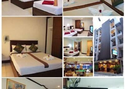 Collage of different rooms including bedrooms and building exterior