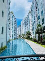 View of modern residential building with swimming pool