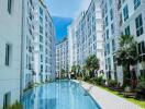 View of modern residential building with swimming pool