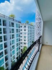 View of modern apartment buildings from a balcony