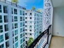 View of modern apartment buildings from a balcony