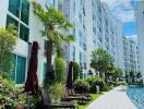 Exterior view of the apartment complex with pool area