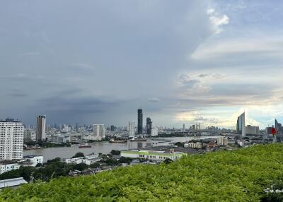 Panoramic view of a city skyline with river