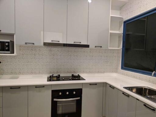 Modern kitchen with white cabinetry and built-in appliances