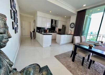 Modern kitchen and dining area with statue decoration