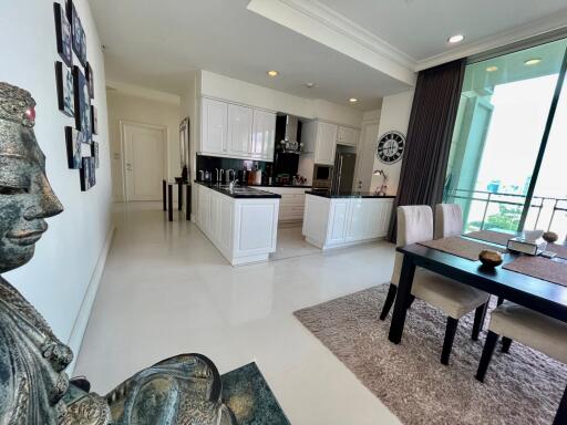 Modern kitchen and dining area with statue decoration