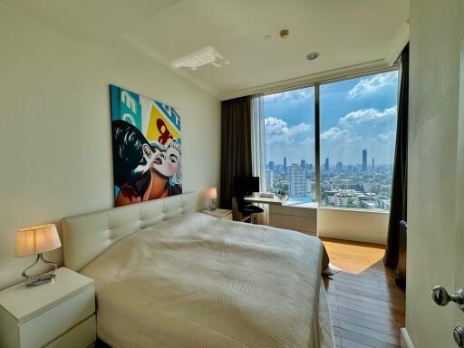 Modern bedroom with large window and city view