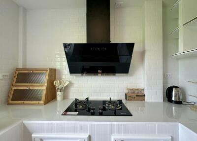 Modern kitchen with black stove and hood