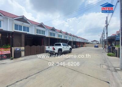 Residential street view with townhouses