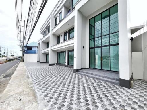 Exterior view of modern building with large glass windows